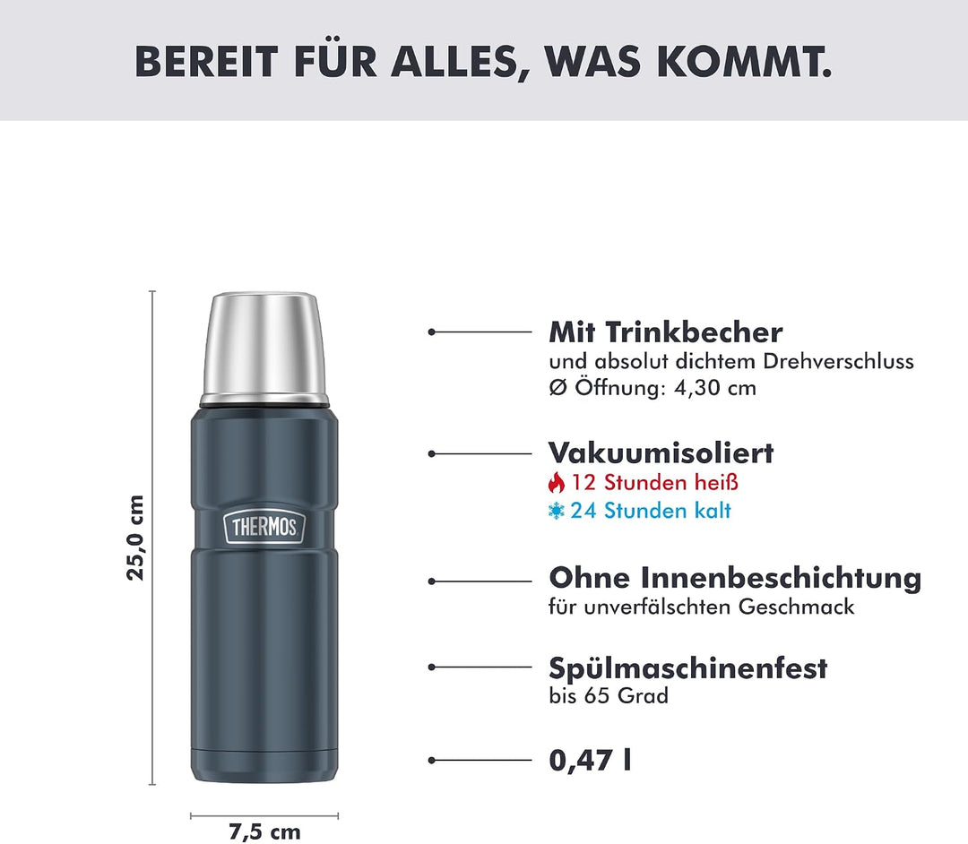 THERMOS STAINLESS KING Thermosflasche ice grey 0,47l - Edelstahl, absolut dicht, mit Trinkbecher, 12