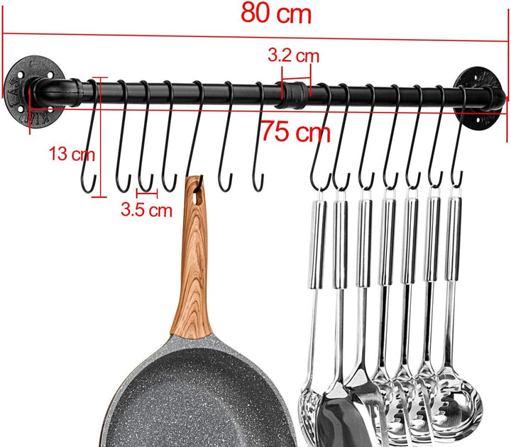 Toplife Hakenleiste Küche 80 cm, schwarze Hängeleiste mit 14 Haken, Stange für Küchenutensilien, 80