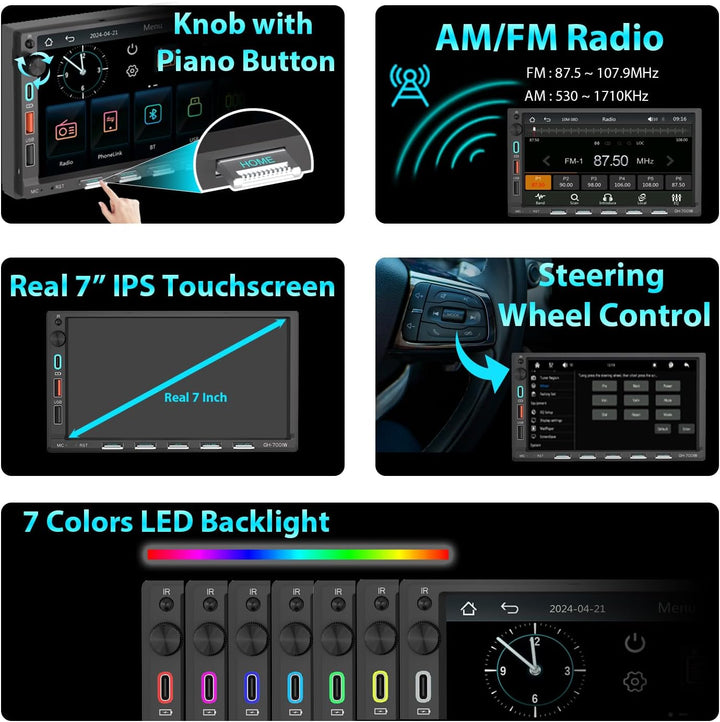 Autoradio Bluetooth 2Din mit Bildschirm(7"), Kompatibel mit [Wireless] Apple CarPlay/Android Auto Ty
