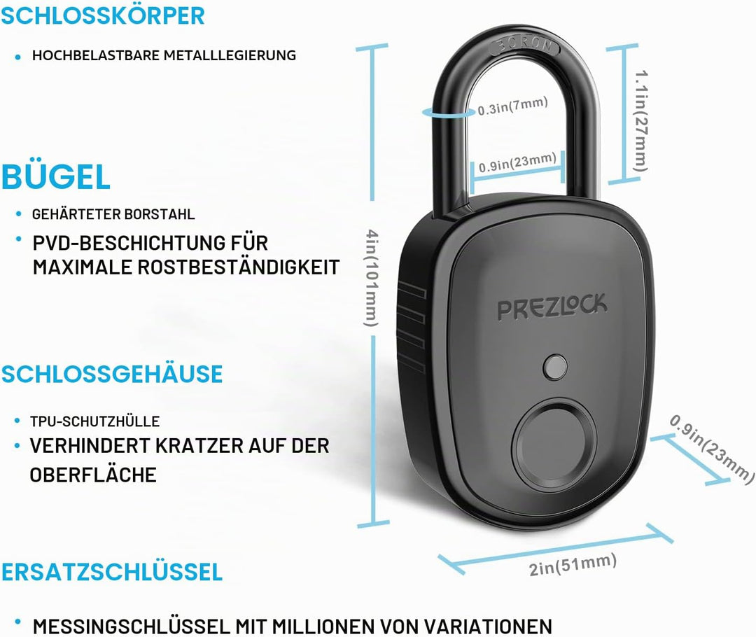 Fingerabdruck-Vorhängeschloss mit Schlüssel-Backup, 2 Schlüssel, Prezlock, geeignet für den Aussenbe