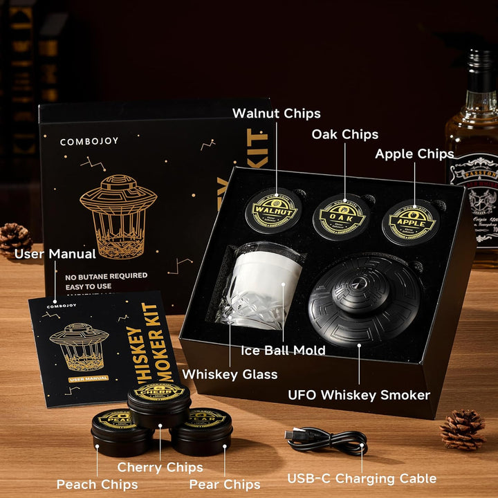 ComboJoy Elektrisches Whisky-Räucherkit mit LED, 6 Aromaholzspäne, Whisky-Glas & Eisform, wiederaufl