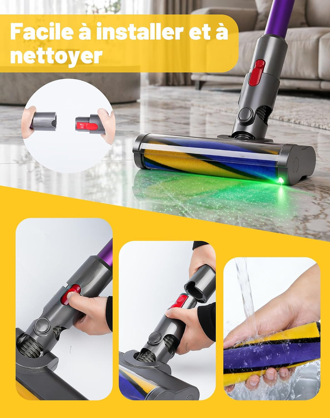 Bürste für Dyson V7 V8 V10 V11 V15 Bodendüse mit LED-Licht und Bürsten-Softwalze für Hartboden Ersat