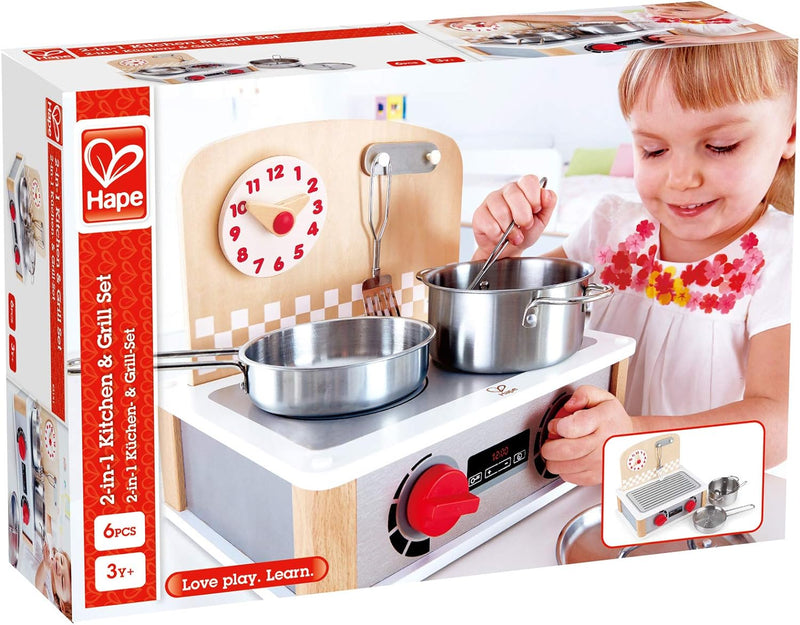 Hape 2-in-1 Küchen- & Grill-Set von Hape| Fantasiespiel Realistisches Rollenspiel Küchenset für Kind