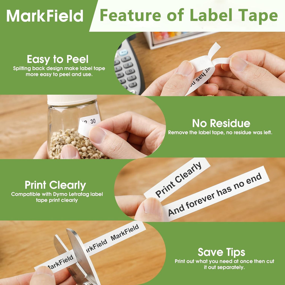 10 Packung MarkField Kompatibel mit Dymo Letratag Papier Etikettenband 12mm x 4m, Kompatibel mit Dym