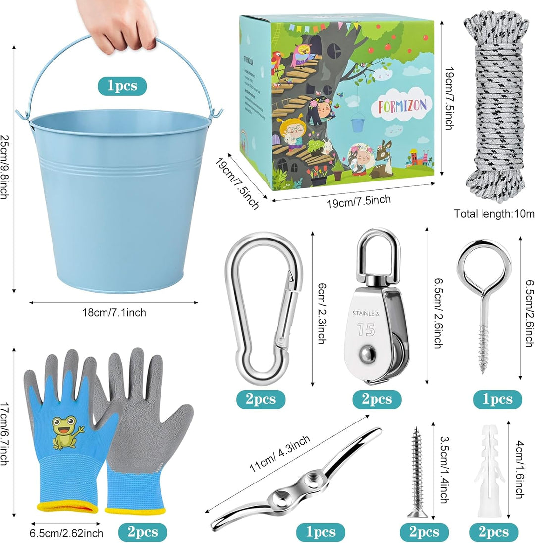 FORMIZON Flaschenzug Kinder, Flaschenzug mit Metalleimer, Zubehör fürs Baumhaus Spielturm, Kinder-Ri