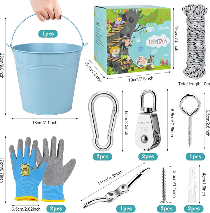 FORMIZON Flaschenzug Kinder, Flaschenzug mit Metalleimer, Zubehör fürs Baumhaus Spielturm, Kinder-Ri