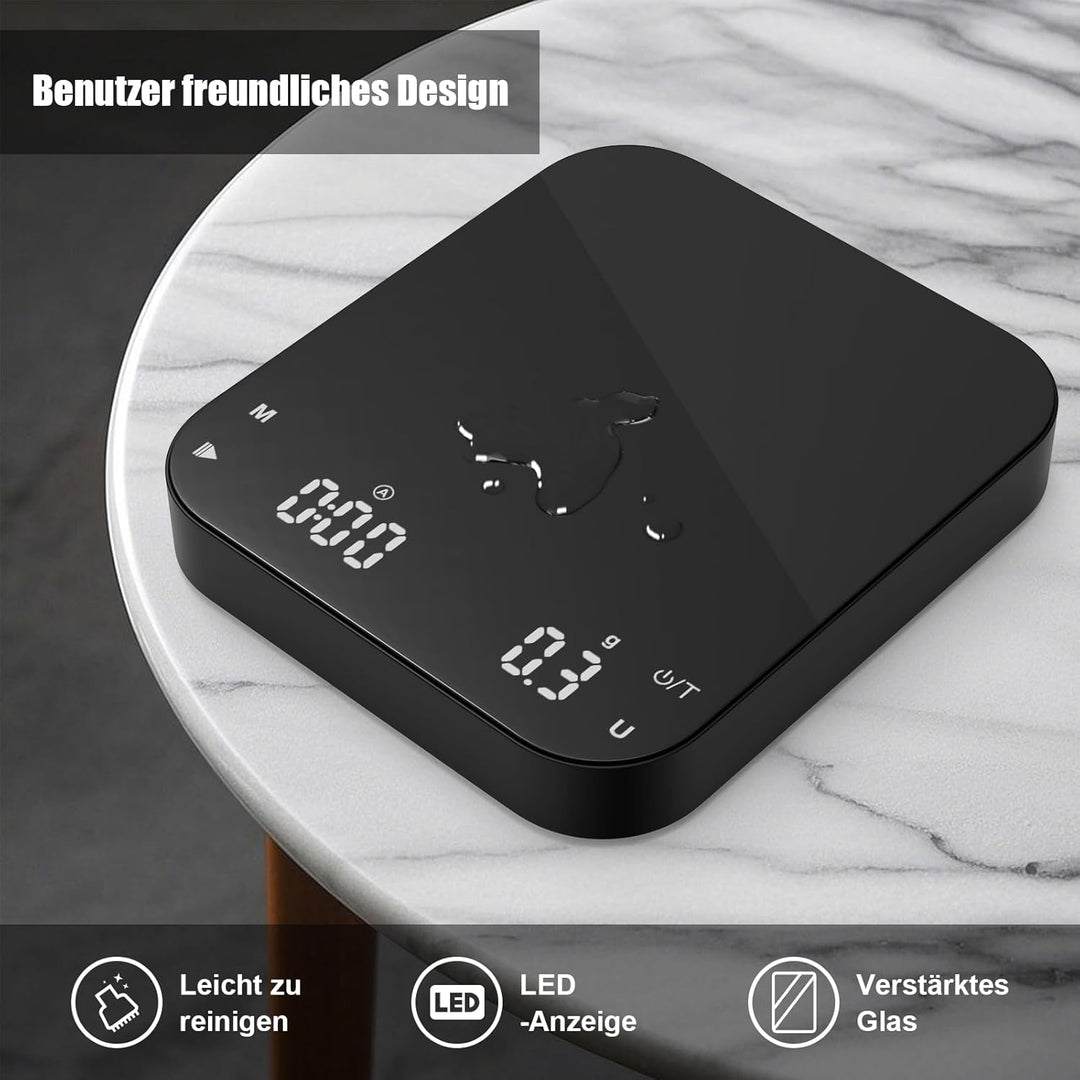 Diyife Kaffeewaage mit Timer, 3kg/0,1g Wiederaufladbare Espresso Waage mit HD LCD Display, Tara Funk