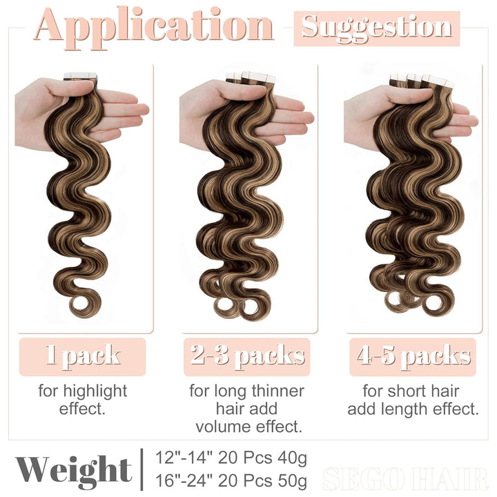 SEGO Tape Extensions Echthaar GEWELLT 16zoll/40cm 20 Stück Klebeband Haarverlängerung 50G mit 10 PCS