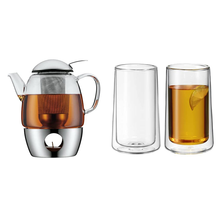 WMF SmarTea Teekanne mit Stövchen Set 3-teilig, Cromargan Edelstahl, Glaskanne 1l mit Siebeinsatz un