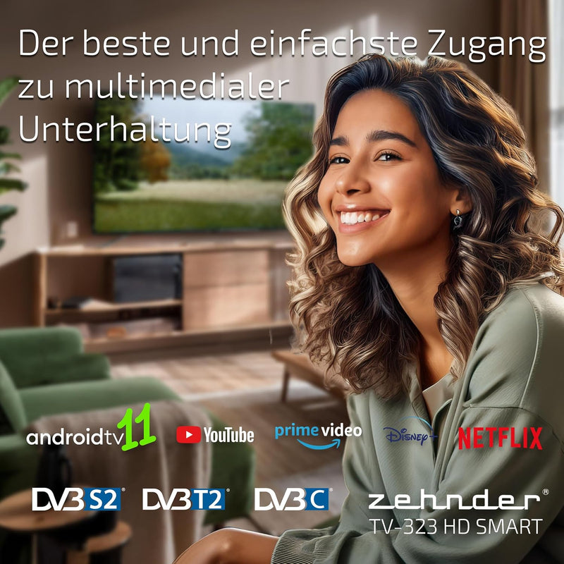 ZEHNDER TV-323 HD SMART TV 32 Zoll 81cm LED Fernseher Schmaler Rahmen LAN/WLAN Triple Tuner DVB-S2/T