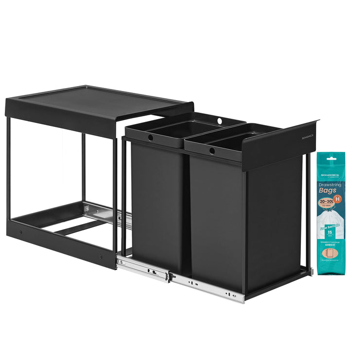 SONGMICS Mülleimer küche, Mülltrennsystem für Unterschrank, 2 x 20 L, Abfalleimer 2 Fächer, ausziehb