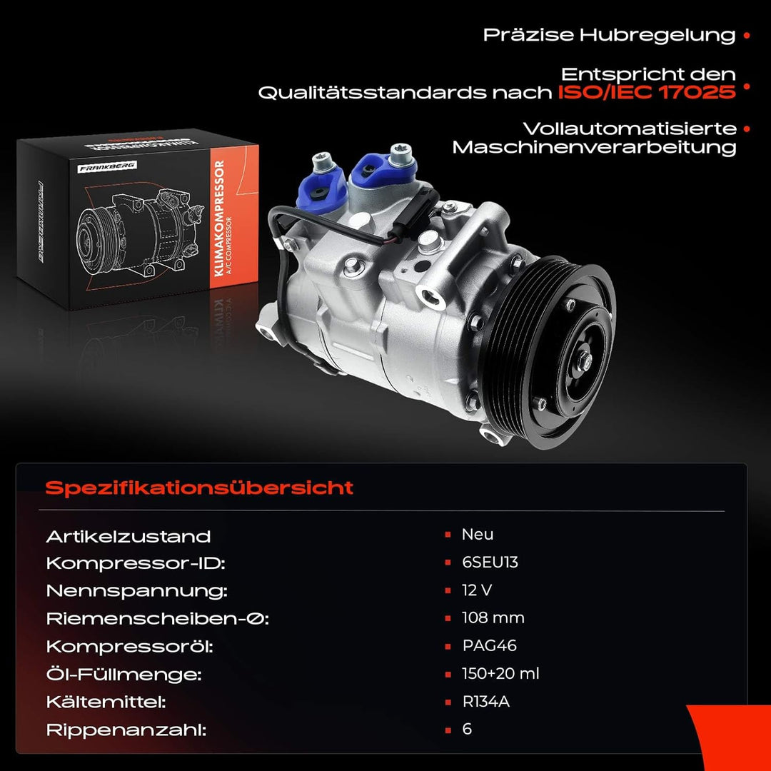 Frankberg Klimakompressor Klimaanlage Kompatibel mit 5er E60 520i 2.0L 2006-2009 Replace# 6452698004