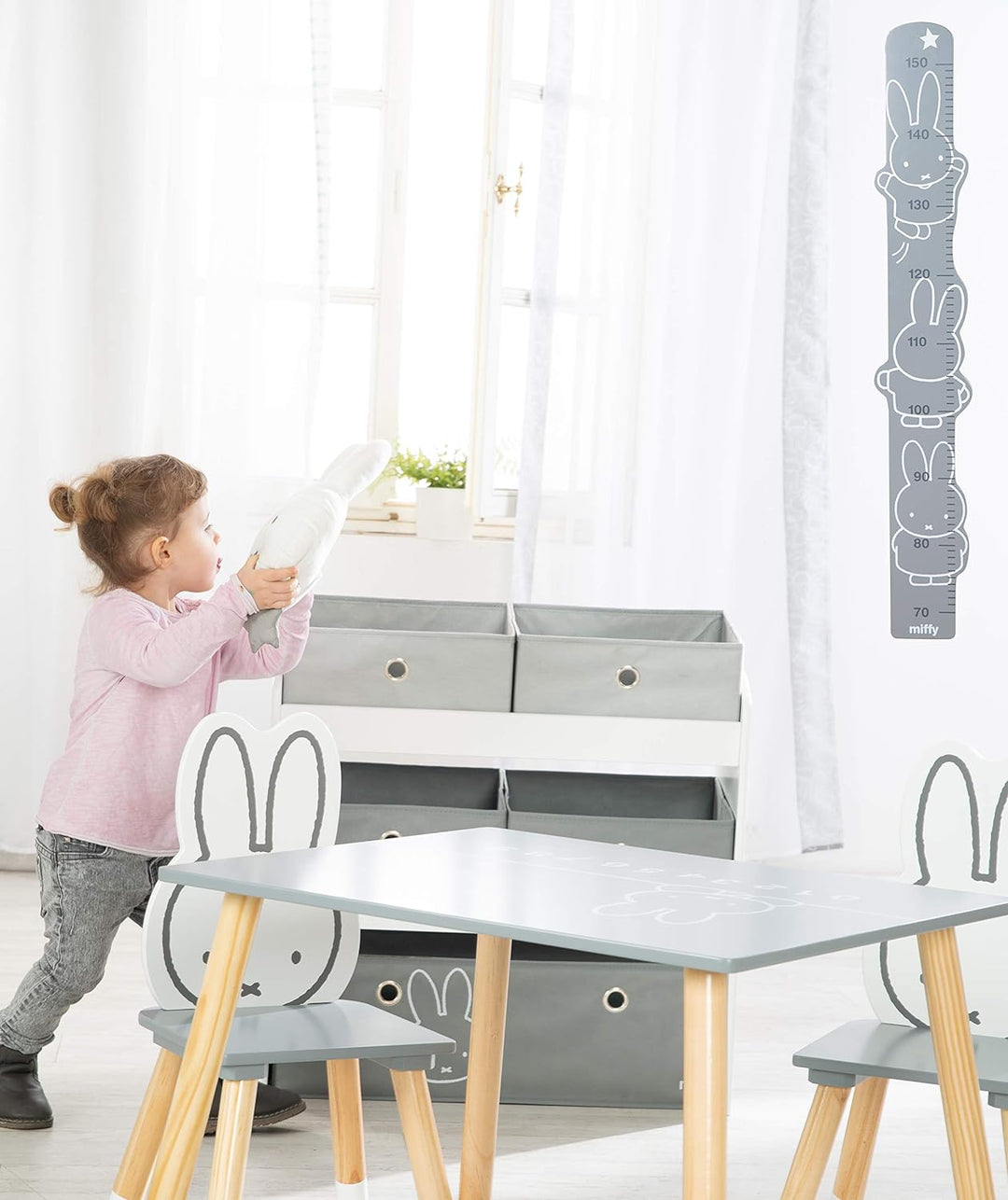 roba Spielregal miffy® - Spielzeugregal für Kinderzimmer mit 5 graue Boxen aus Stoff - Hasen Motiv -