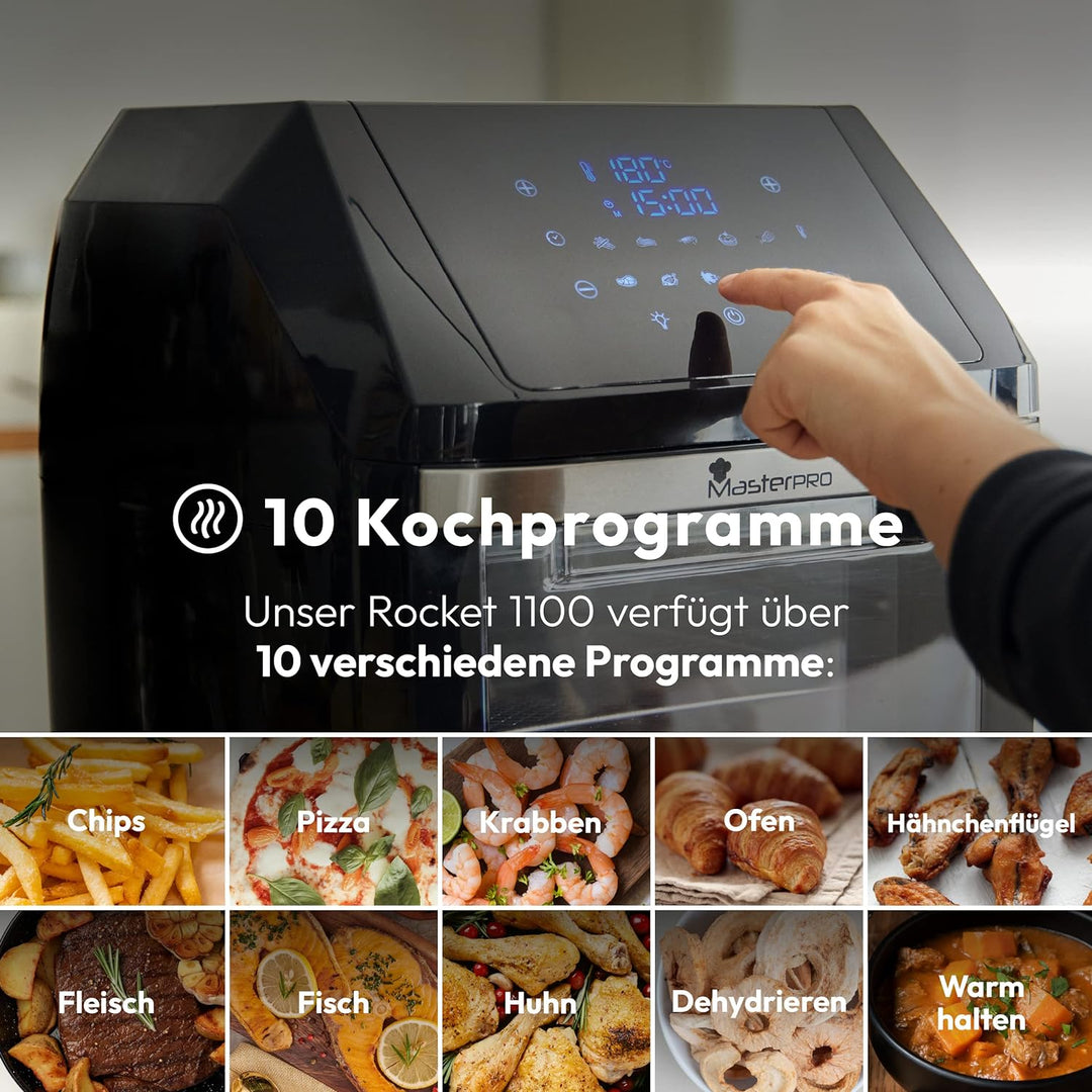 MasterPRO Rocket 1100 | Heissluftfritteuse und Backofen Ölfrei | Fritteuse | 11 L und 1800 Watt | LE