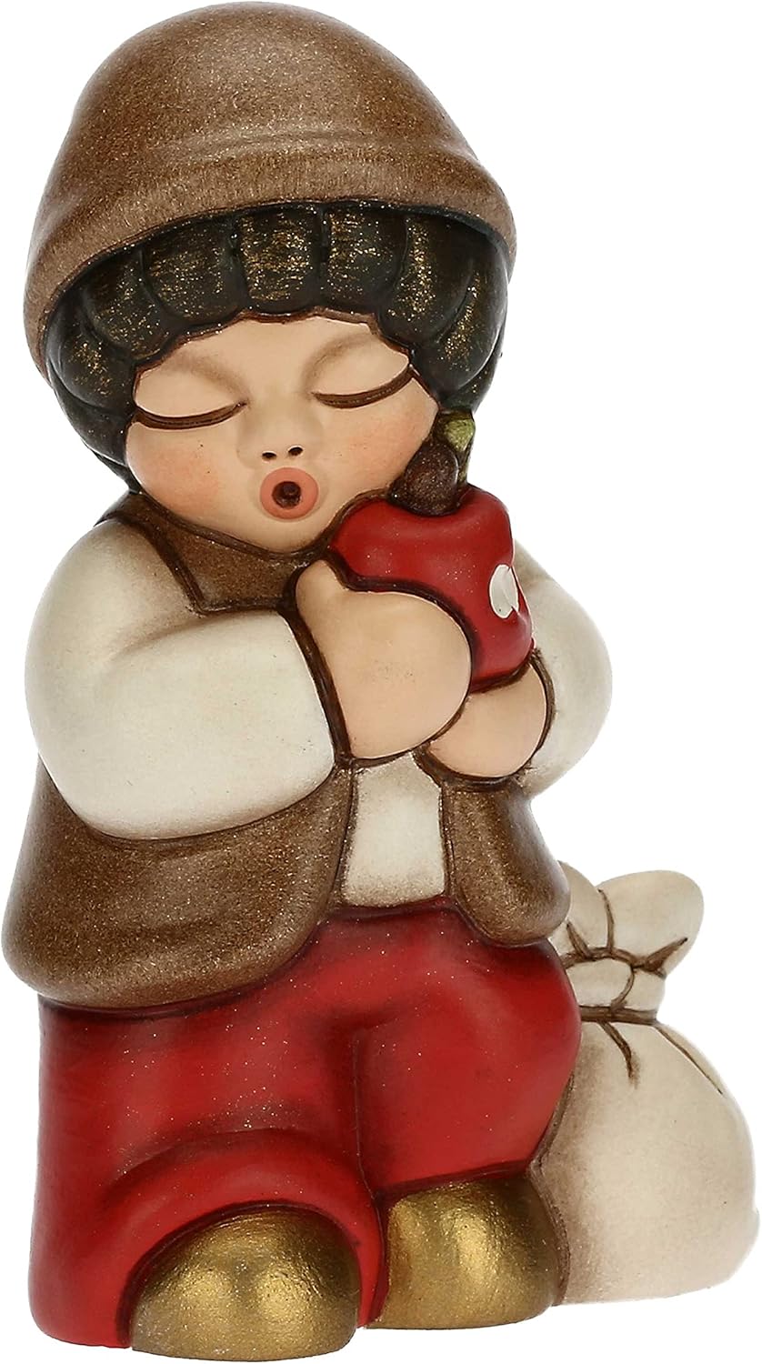 THUN - Krippe 2022 - Figur Krippe Kind mit Apfel aus Keramik, handverziert, rotes Kleid - Klassische