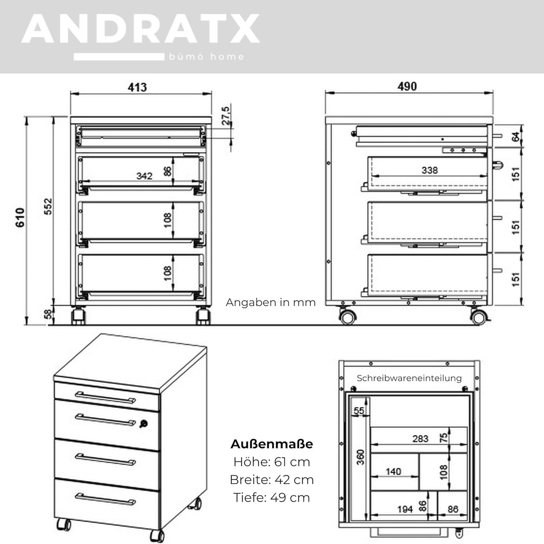 bümö Andratx Rollcontainer mit Schubladen, Container abschliessbar aus Holz in grau - Rollwagen für'