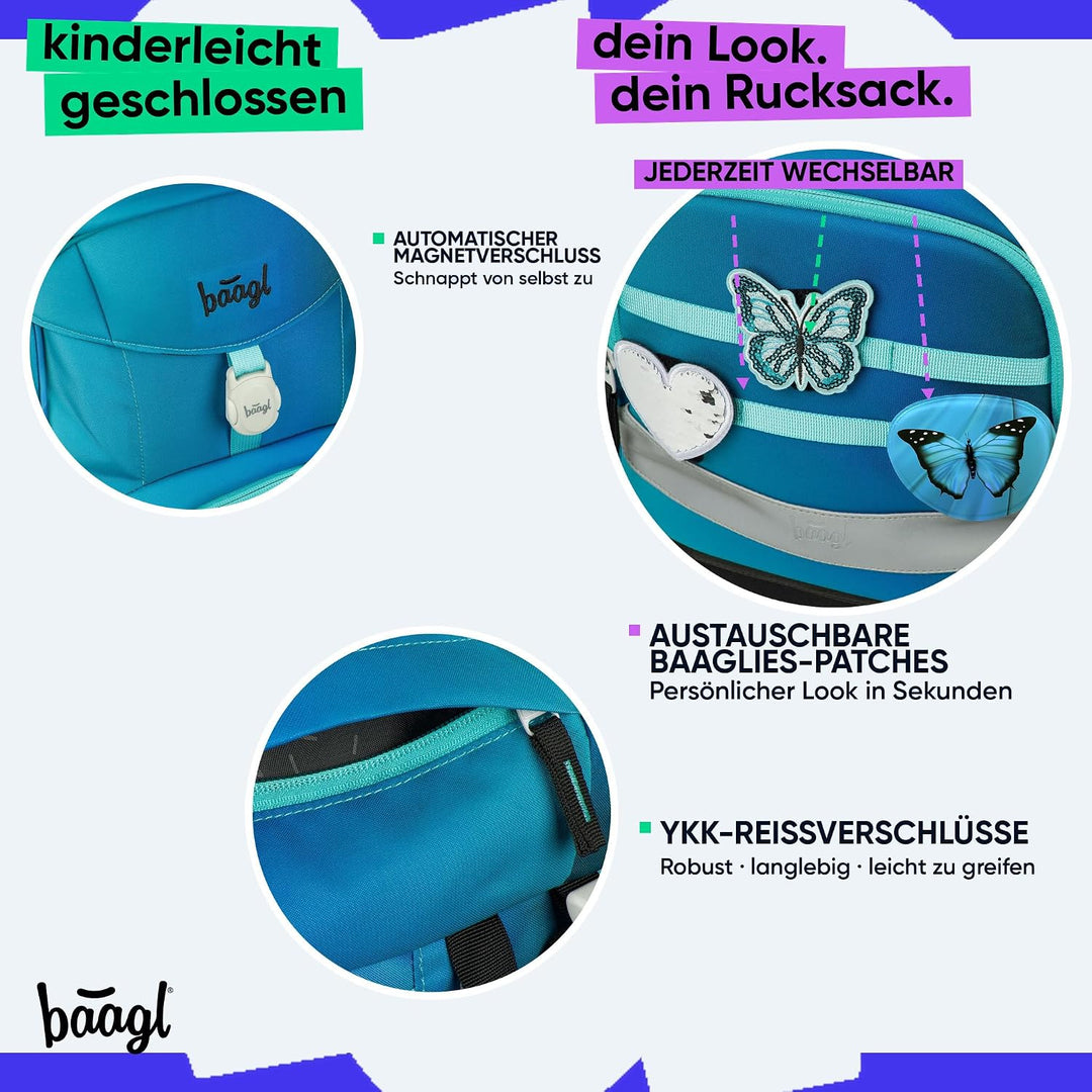 Baagl Airy Plus Schulranzen-Set 5-teilig, 25 l, ab 130 cm (Butterfly) | Isoliertes Snackfach; Magnet