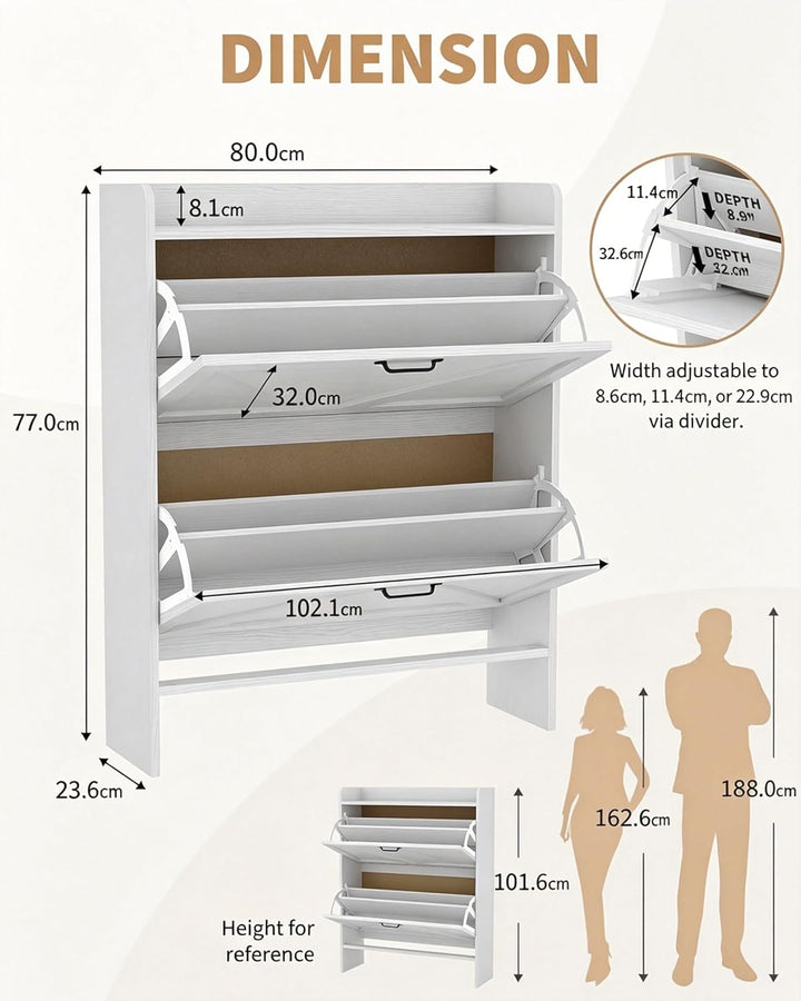 Breit 80 X24x100 Hoch cm Schuhschrank Mit 2 Klappen, Verstellbare Zweistufige Regalböden, Schmal Sch