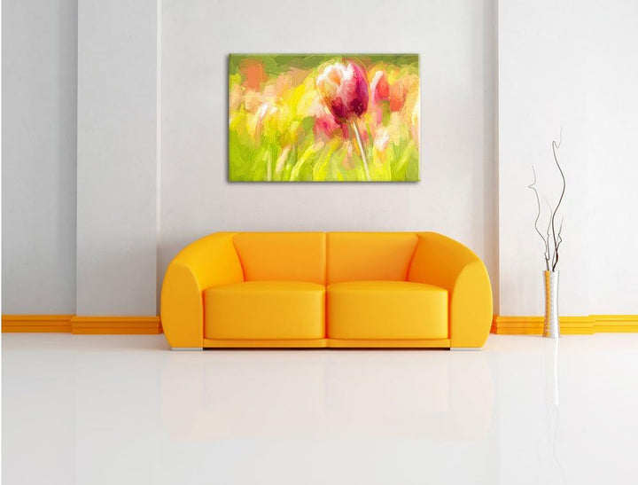 Pixxprint Blühende rote Tulpen Kunst als Leinwandbild/Grösse: 100x70 cm/Wandbild/Kunstdruck/fertig b