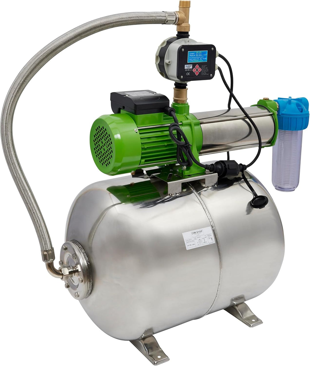 CHM GmbH Hauswasserwerk 100 L Edelstahl 1500 Watt, 8,5 Bar einstellbar mit LCD Display Gartenpumpe,