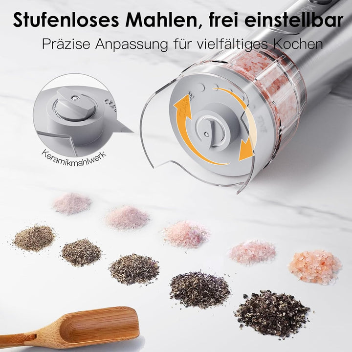Marchpower elektrische Salz und Pfeffermühle Set, USB Wiederaufladbar, Edelstahl, 2 grosse Kapazität