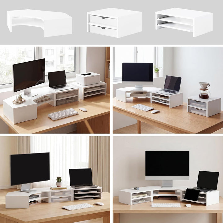 Fenge Monitorständer 3 in 1, Dual Monitor Stand mit Schublade und Ausziehbarem Tablett, L-Förmiger E