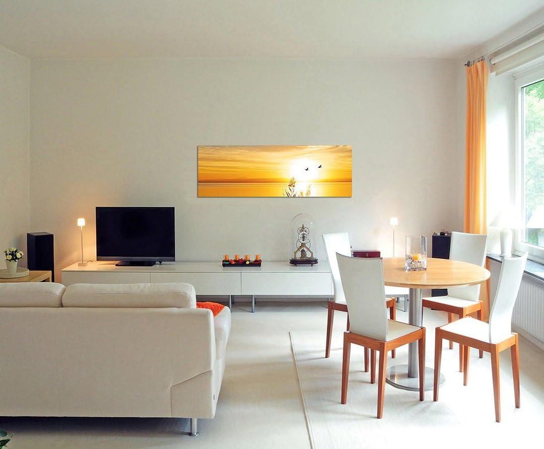 Paul Sinus Art Panoramabild auf Leinwand und Keilrahmen 150x50cm See Gräser Vögel Sonnenuntergang
