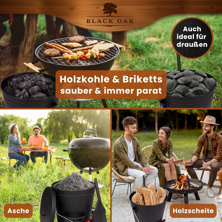 BLACK OAK Ascheeimer Stromboli 20L – schwarz mit Deckel & Schaufel - Bügel Silber - gross 20 Liter S
