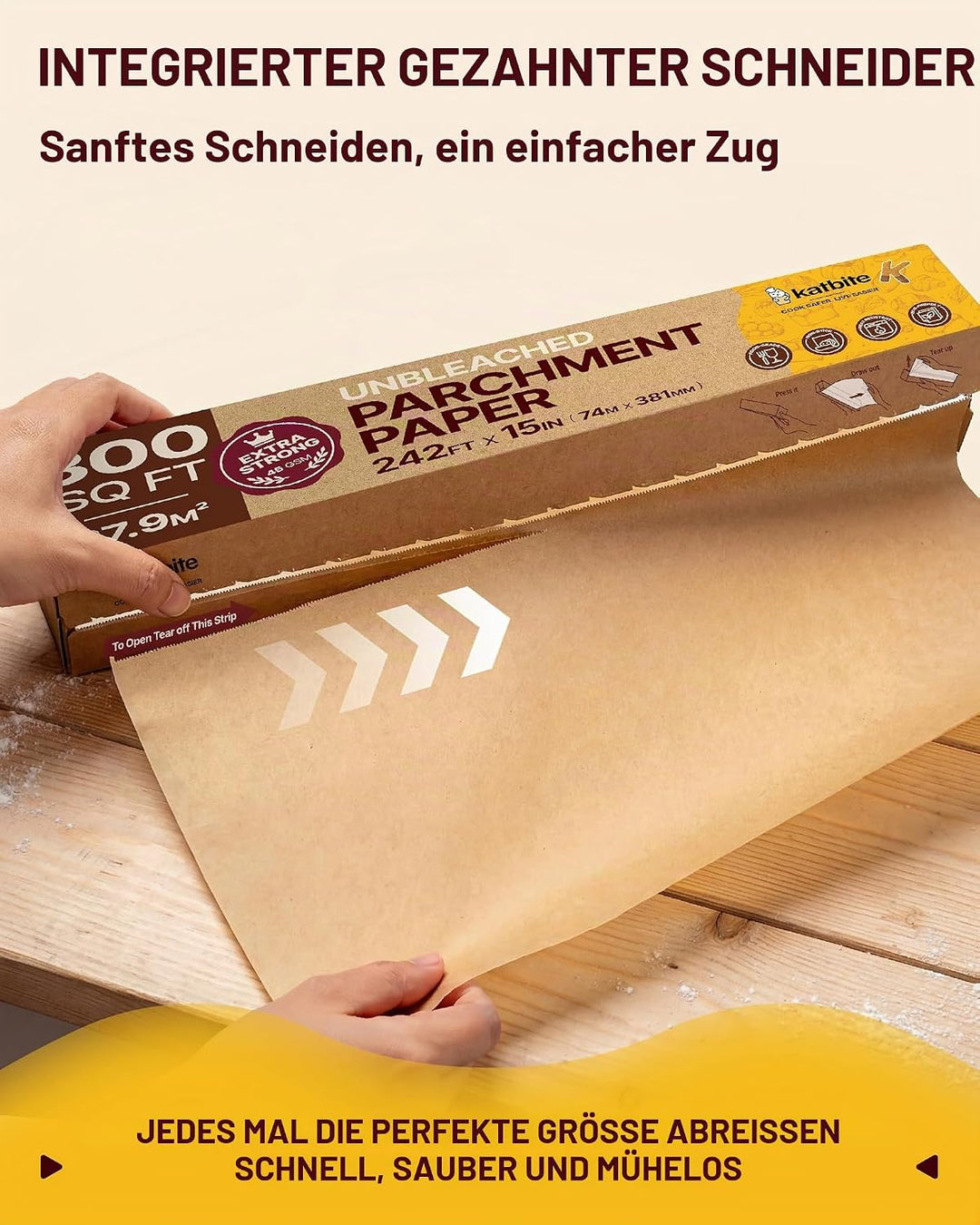 Katbite Ungebleichte Pergamentpapierrolle, 38,1 cm x 73,8 m, 300 m², antihaftbeschichtet, mit Wellen