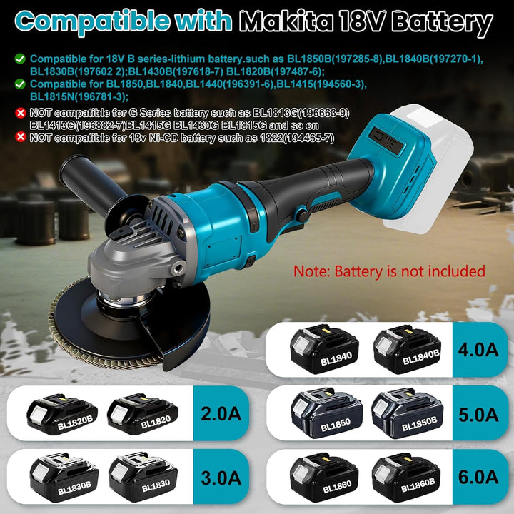 Akku Winkelschleifer 125mm Kompatibel mit Makita 18V Akkus, 1180W Bürstenlose Schleifer Mit 6 Scheib