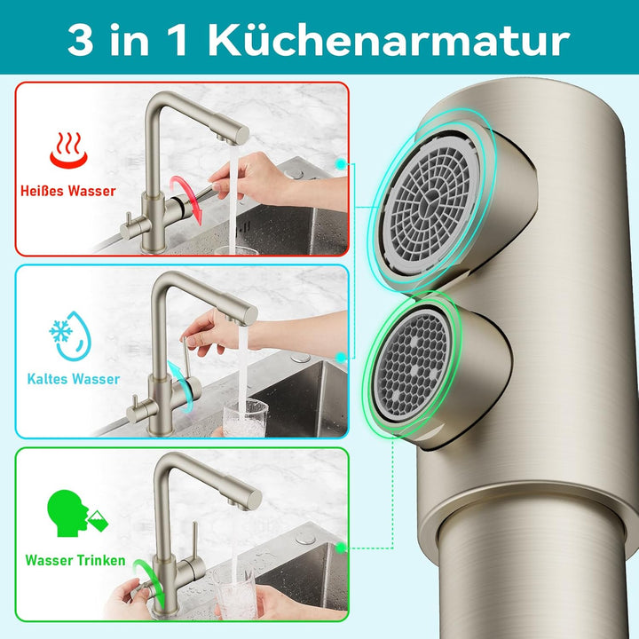 FORIOUS Wasserhahn Küche, 3 Wege Wasserhahn Mischbatterie Küche, Zweigriffige Edelstahl-Spülarmature