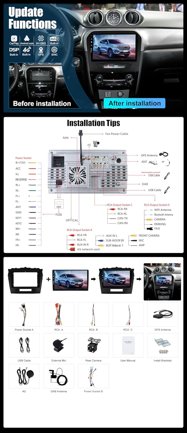 9 Zoll Android 14 Autoradio mit Navi Für Suzuki Vitara 2014-2020 | Octa Core | 6GB 128GB | Eingebaut
