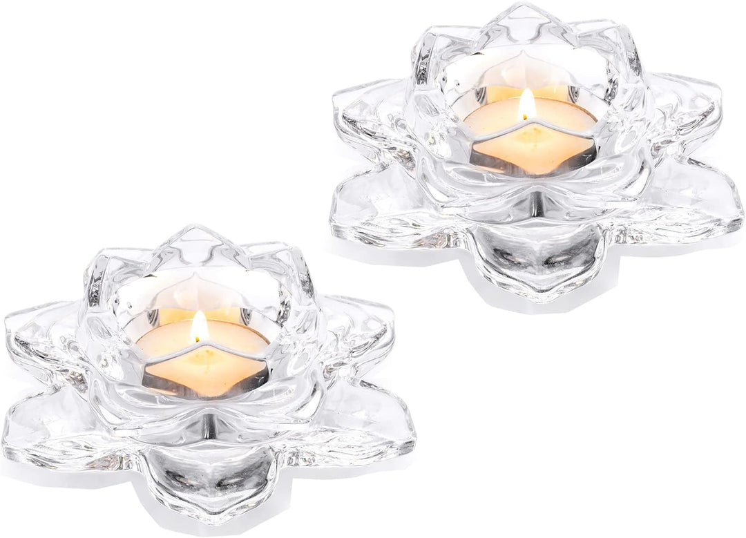 Nuptio Kristall Lotus Kerzenhalter 2 Stück Teelichthalter für 4.5cm Durchmesser Stumpenkerzen Glas V