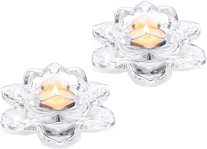 Nuptio Kristall Lotus Kerzenhalter 2 Stück Teelichthalter für 4.5cm Durchmesser Stumpenkerzen Glas V