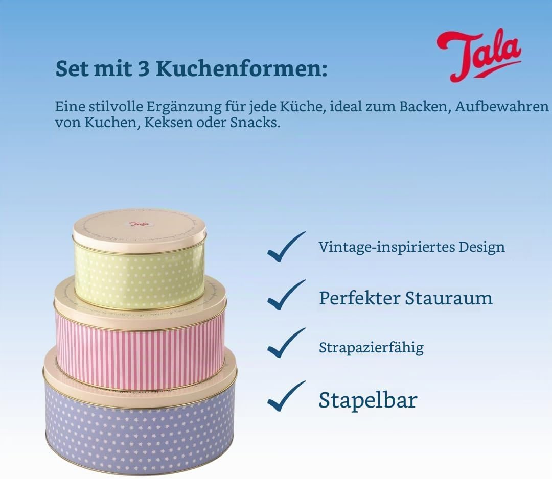 Tala 3er Set Retro-Design Metall Kuchenbehälter | Stapelbar | Für Kuchen, Kekse & Snacks | Grössen: