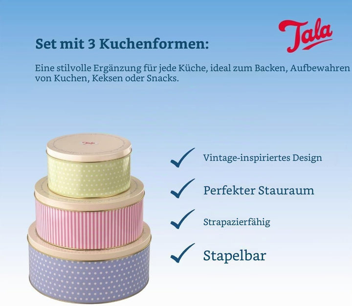 Tala 3er Set Retro-Design Metall Kuchenbehälter | Stapelbar | Für Kuchen, Kekse & Snacks | Grössen: