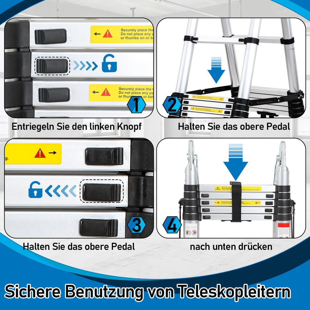 teleskopleiter klappleiter 2,5M+2,5M aluleiter 8+8 Stufen Stehleiter Klappleiter, 150 kg Belastbarke