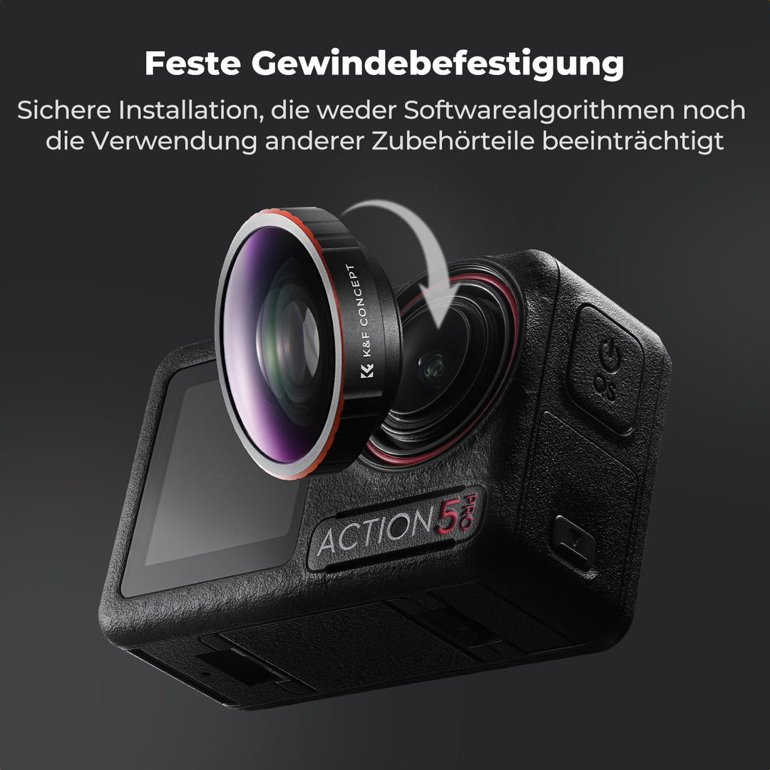 K&F CONCEPT Weitwinkelobjektivfilter Kompatibel mit DJI Osmo Action 5 Pro, Action 4 185° Ultraweitwi