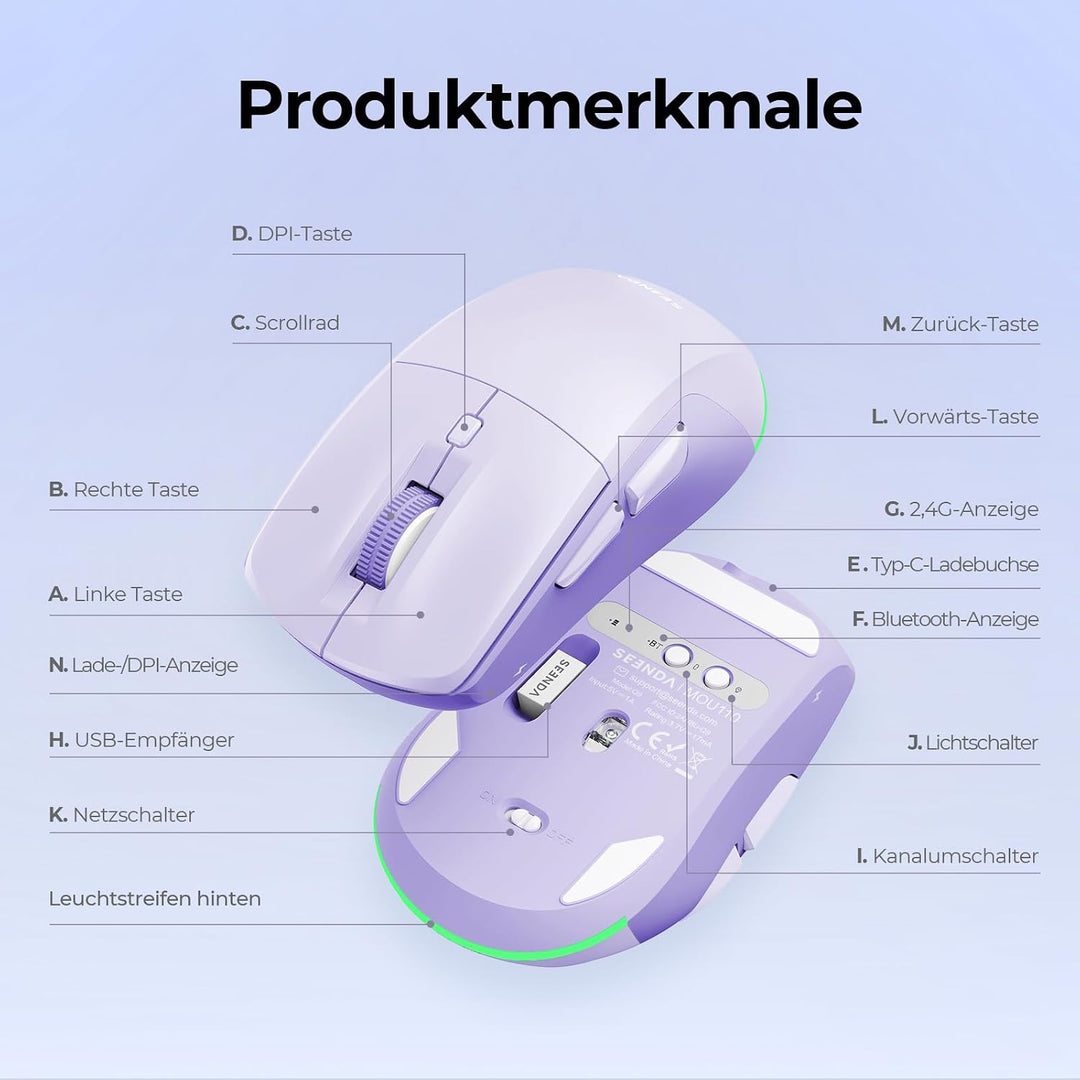seenda MOU110 Bluetooth Maus mit RGB-Beleuchtung, Leise, 2 Geräte, Lila | Bluetooth &amp; 2.4G Dual Mode
