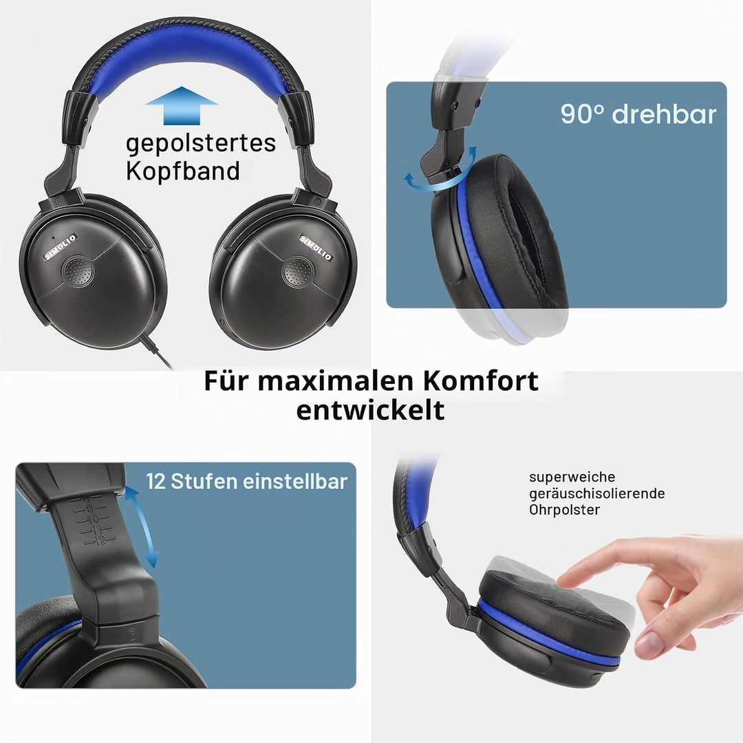 SIMOLIO TV Kopfhörer mit langem Kabel, Over Ear Headset für Fernseher mit Tonverstärkung, Tonregler