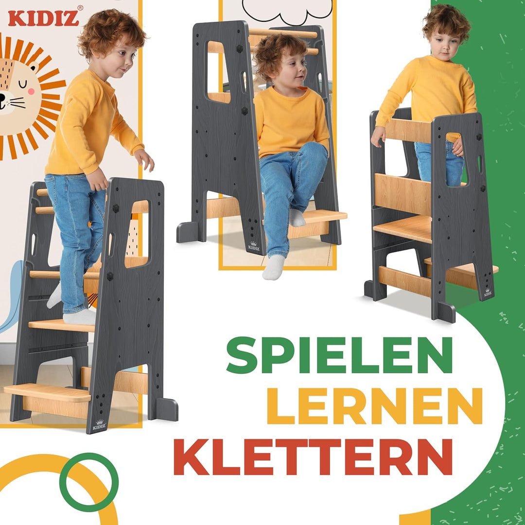 KIDIZ® Lernturm für Kinder ab 1 Jahr inkl. Lernuhr | 3-stufig Höhenverstellbarer Tritthocker aus Kie