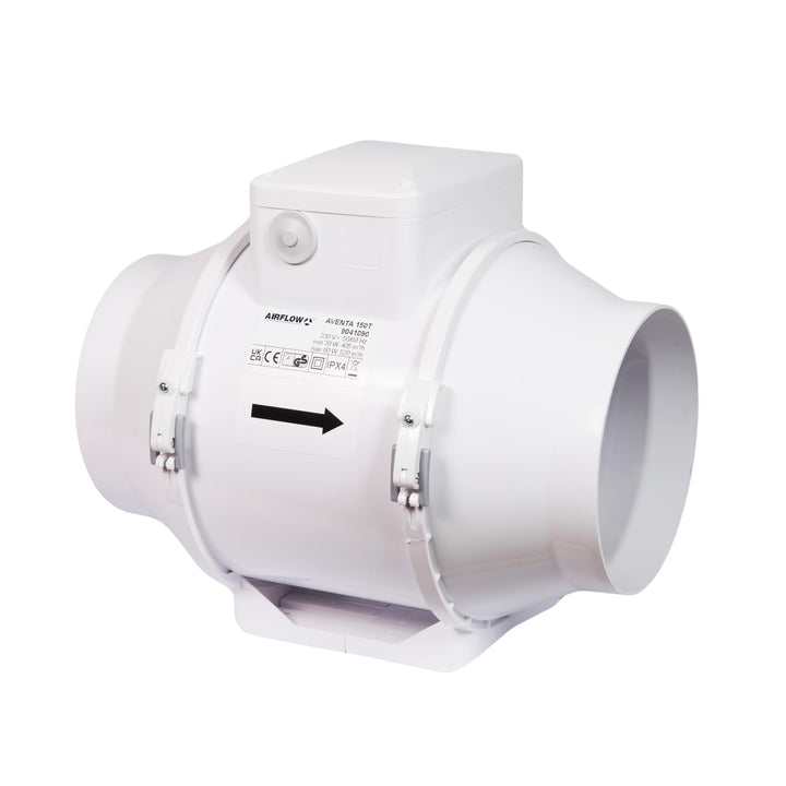 Airflow Aventa 150T Rohrventilator mit Timer – Energiesparend 30W, Luftstrom 112–144 l/s, 2-Stufen,