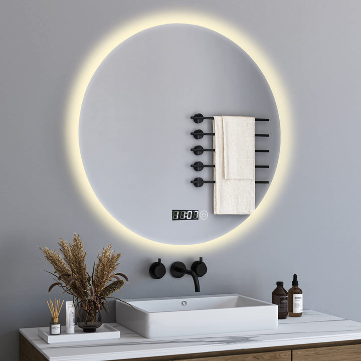 BD-Baode Runder Badspiegel mit Beleuchtung, 60x60 cm Badezimmerspiegel mit Touch Schalter und Uhr,LE