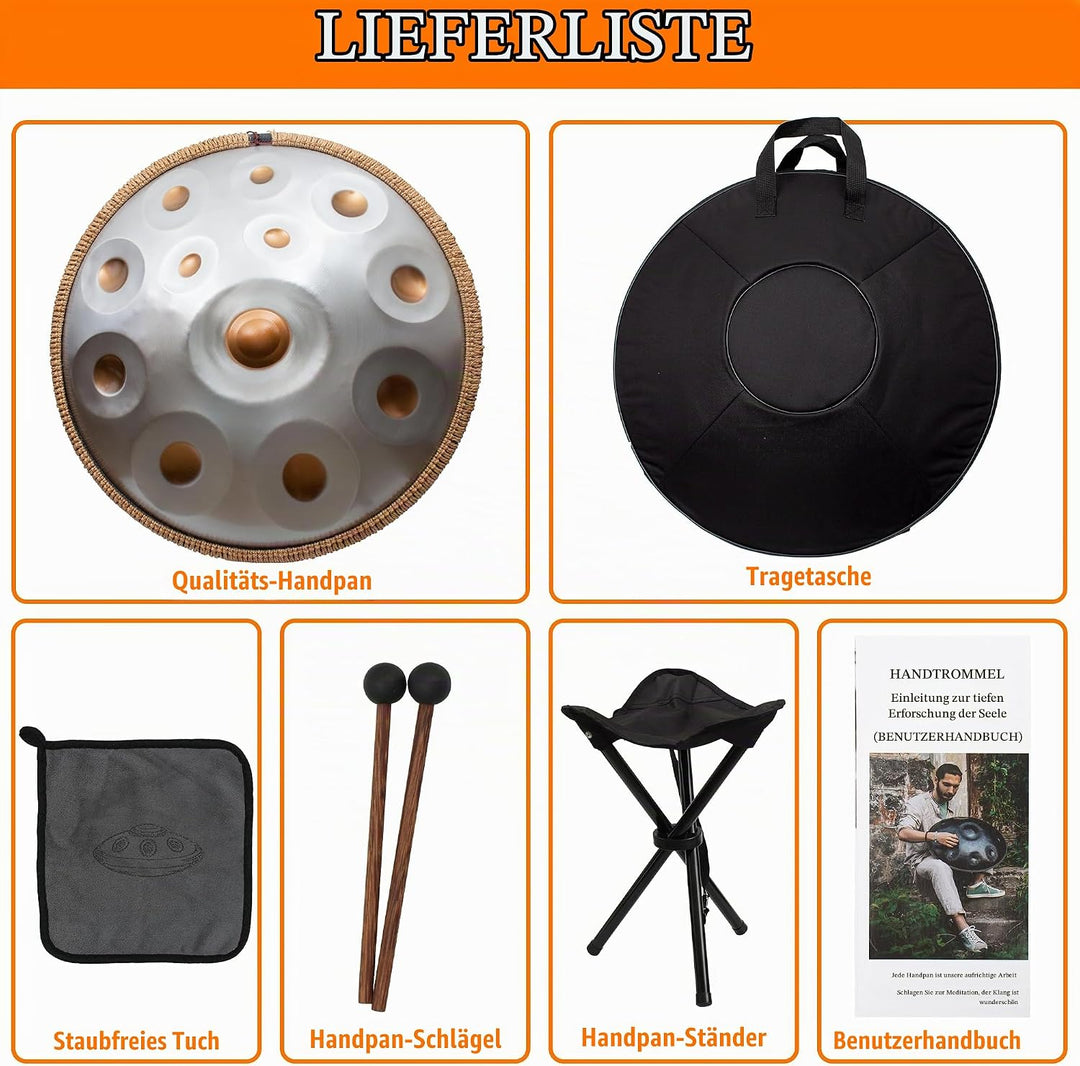 Handpan 440 HZ Fortgeschrittene, Stahltrommel 14 Töne 22 Zoll, Hand Pan in D-Moll, Hand Drum mit Dru
