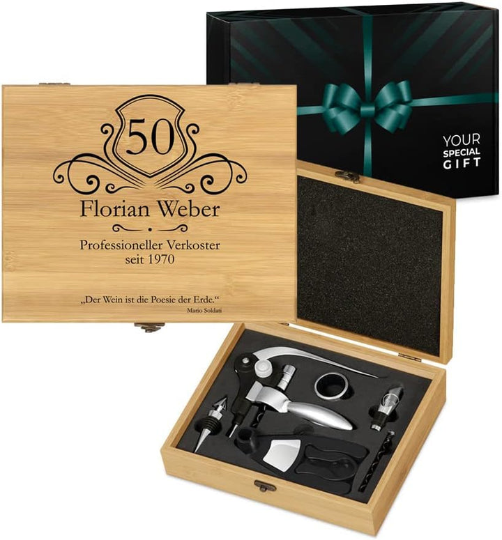 Maverton Weinöffner-Set personalisiert Weinset Sommelier Set - Geschenkbox Holzbox + 6er Weinzubehör