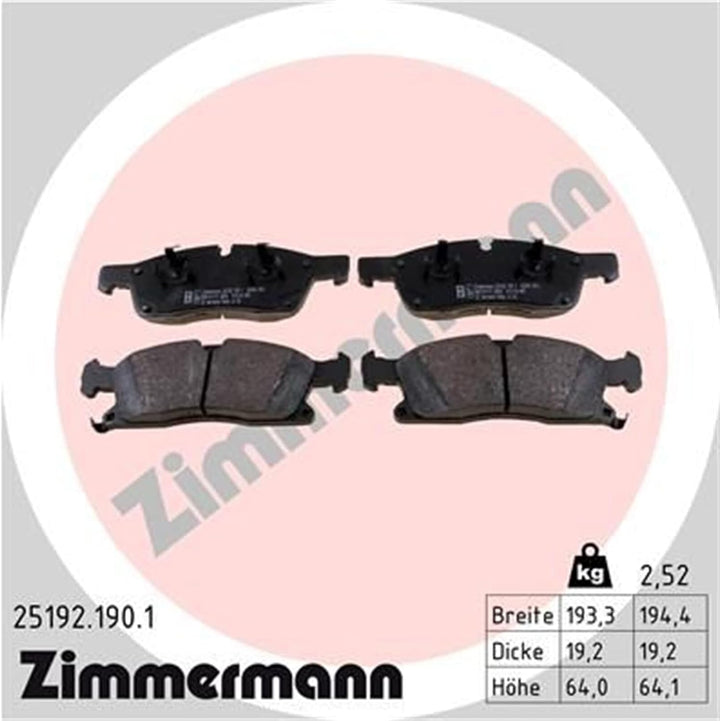 Bremsbeläge Vorne von Zimmermann (25192.190.1) Bremsbelagsatz Bremsanlage Scheibenbremsbelagsatz, Sc