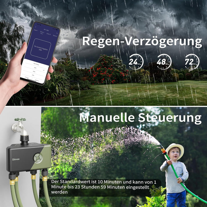 Diivoo Bewässerungscomputer WLAN 4 Ausgänge mit 60M RFID-Technologie, Wasser Zeitschaltuhr mit Alexa
