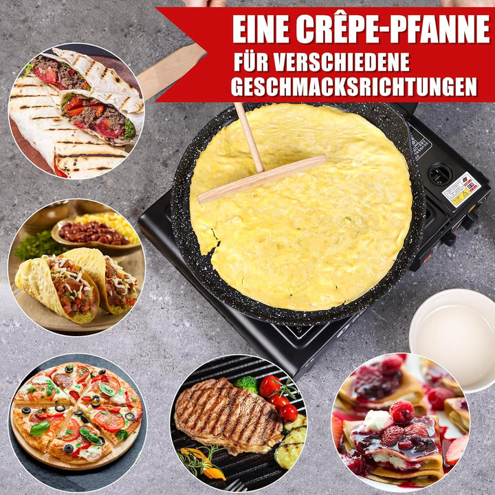diig Crepe Pfanne 28cm, Antihaftpfanne Omelette Flache Pfannkuchen Pfanne mit Teigverteiler und Holz