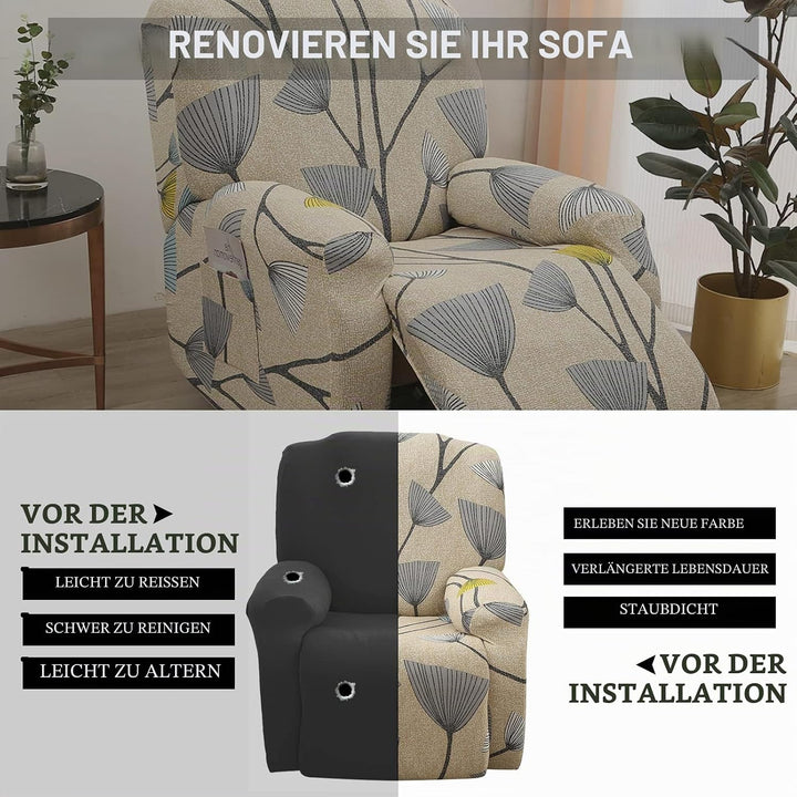 Stretchhusse für Relaxsessel - 4-Teilig Set mit Seitentasche, rutschfest, waschbar - Recliner Cover,