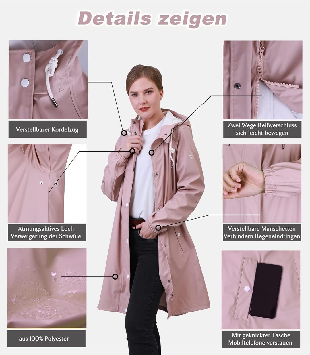 Damen Regenjacke Regenmantel Softshelljacke Friesennerz Parka PU Windbreaker mit Kapuze wasserdicht